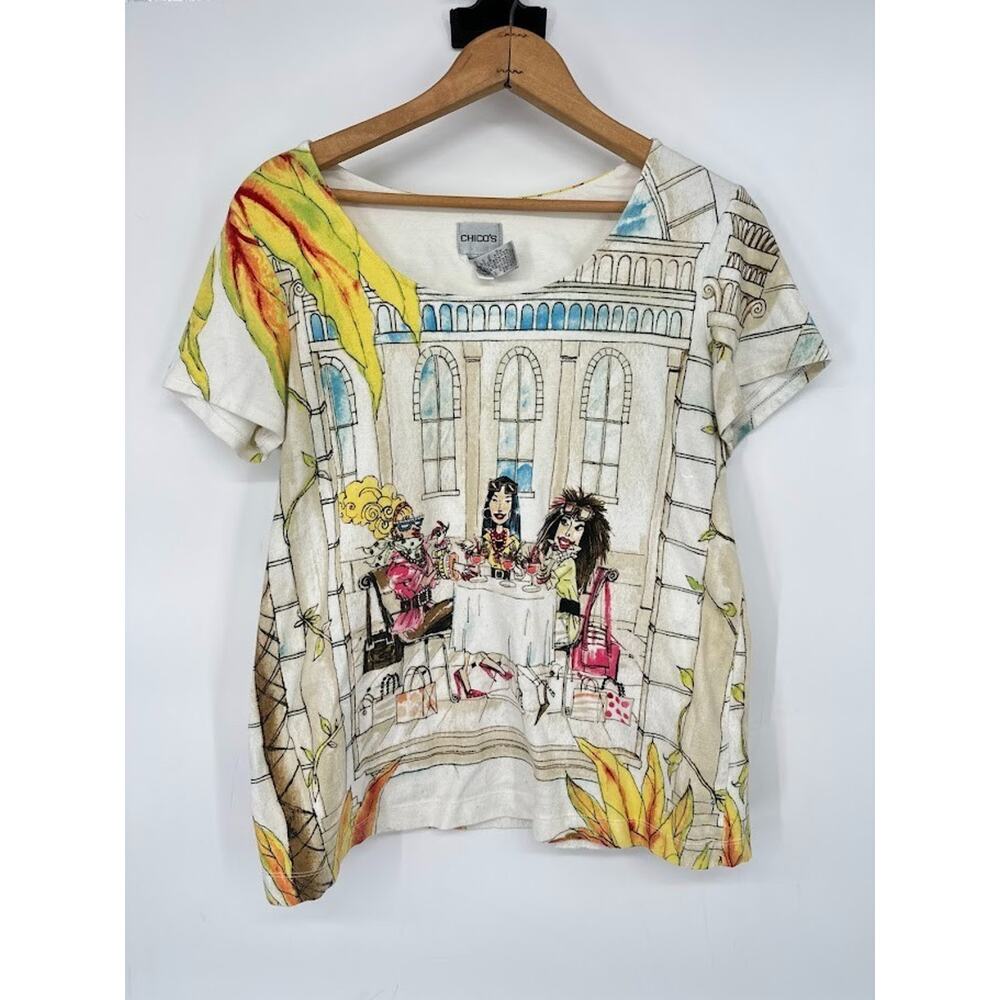 Chico's Short Sleeve Illustrated Cotton Tee in White, Yellow, Pink, Blue